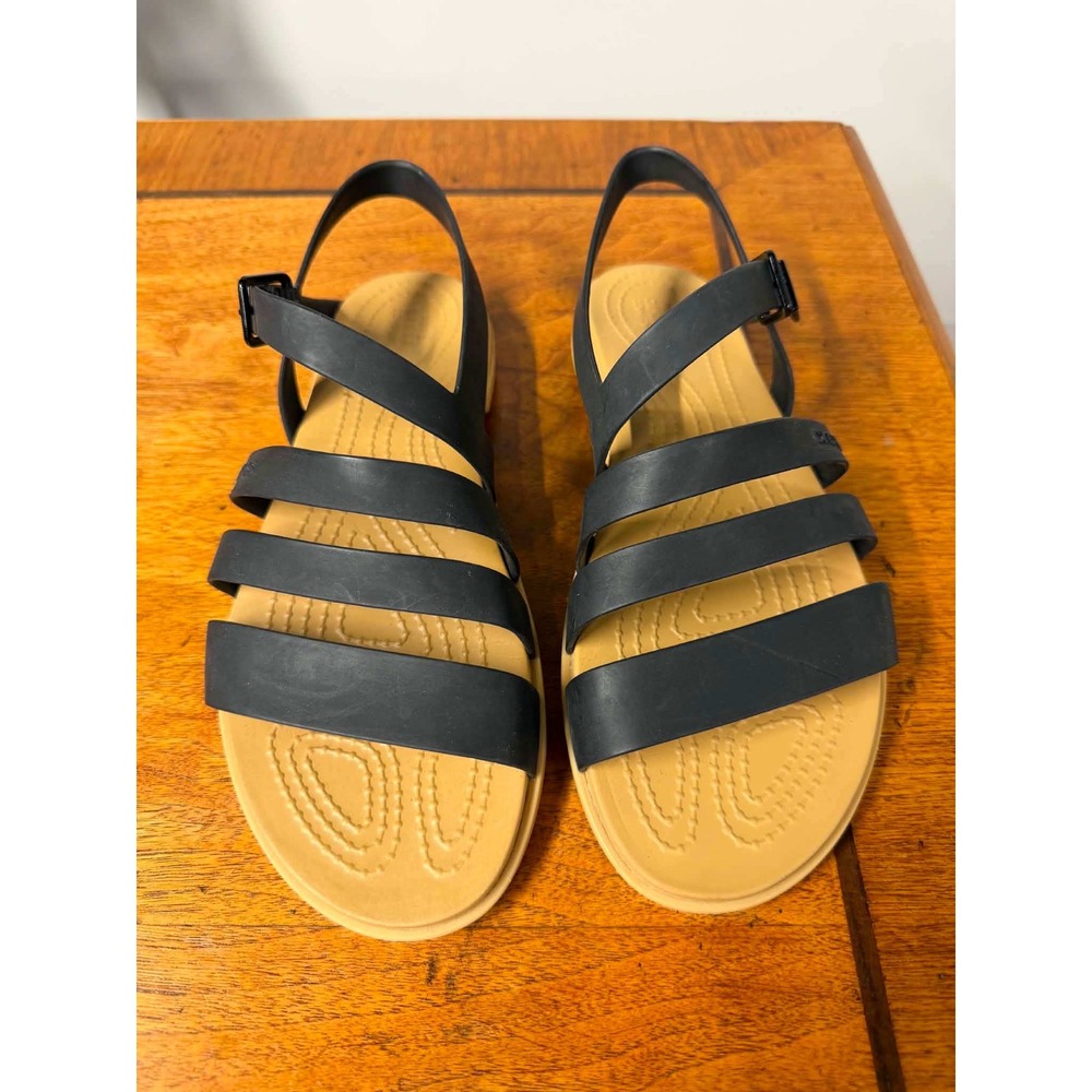 Crocs Womens 7 Black Tulum Strappy Sandal Flat Ankle Strap Comfort 206107